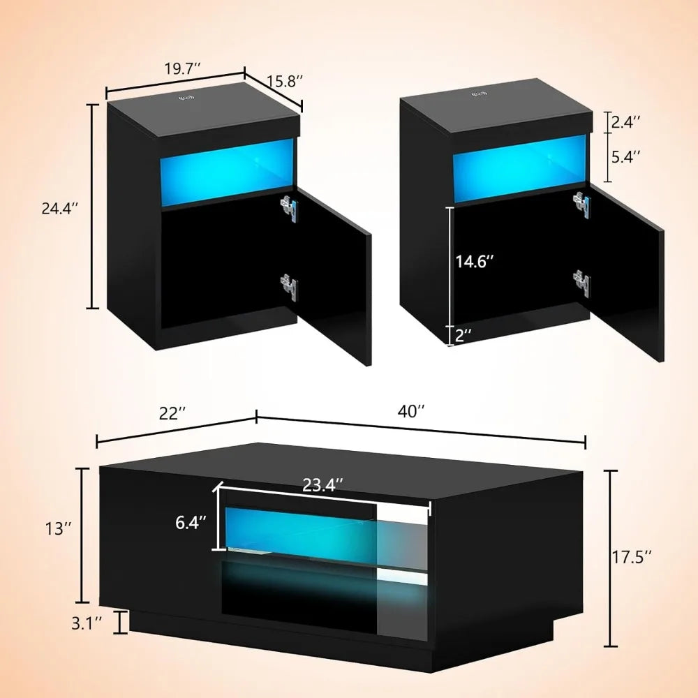 3-Piece Modern High Gloss LED Table Set with 20-Color LED Lights