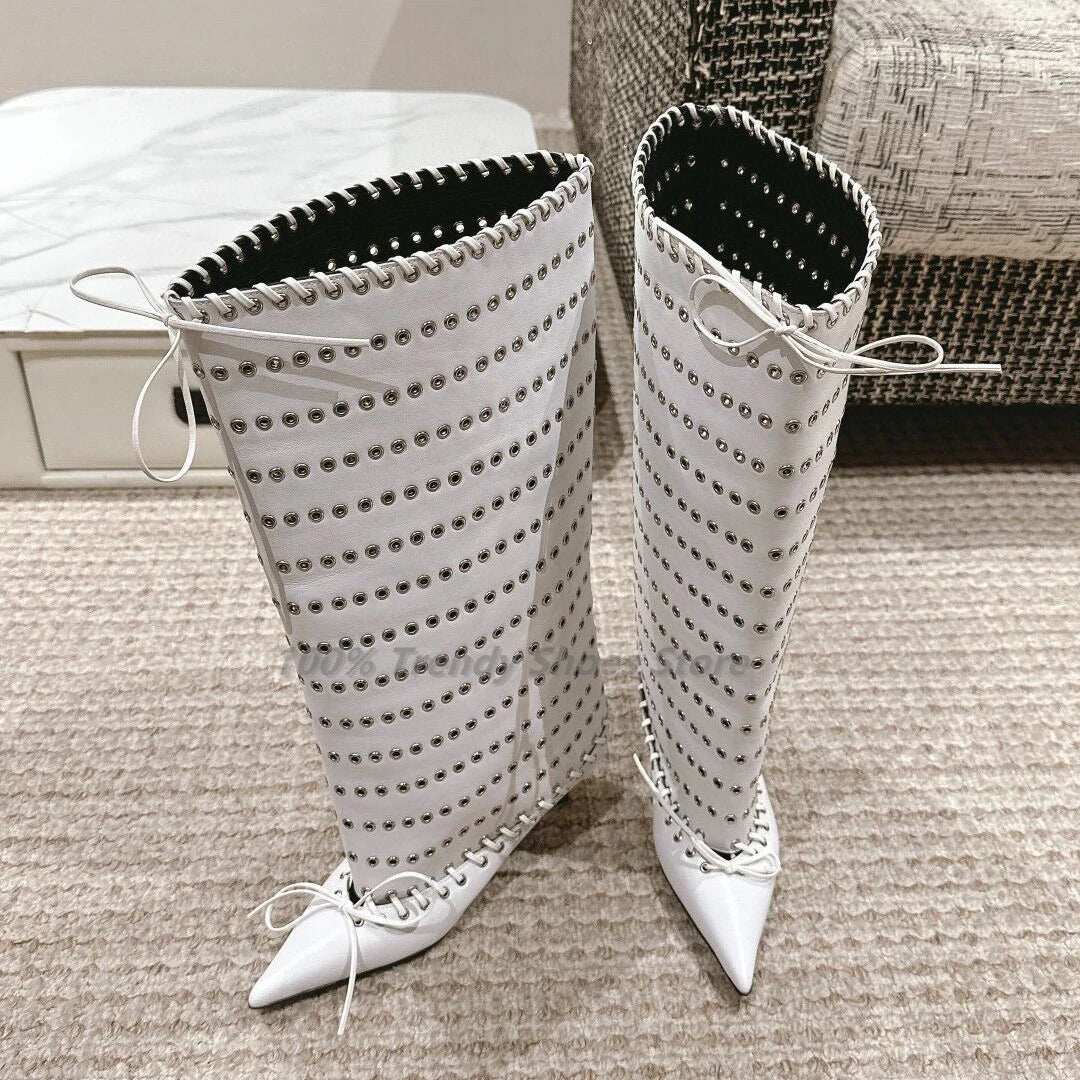 Cowhide Rivet Fashion Boots Big Tube Runway Style