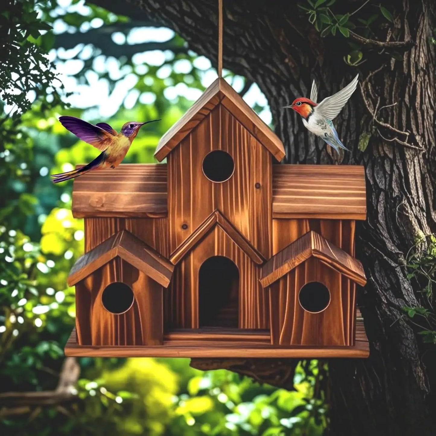 Outdoor Bird House, Handmade 6-hole, Hanging Habitat