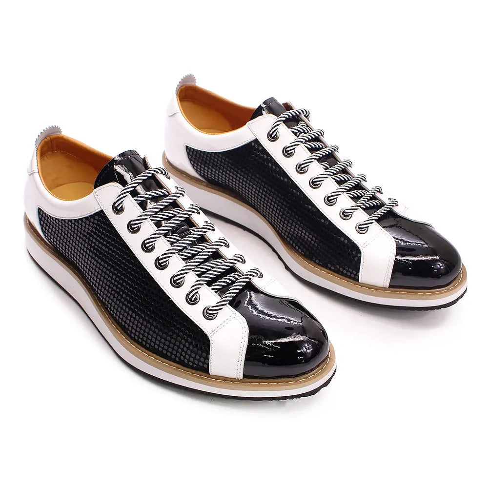 Patent Leather Lace-up Black White Casual Shoes for Men