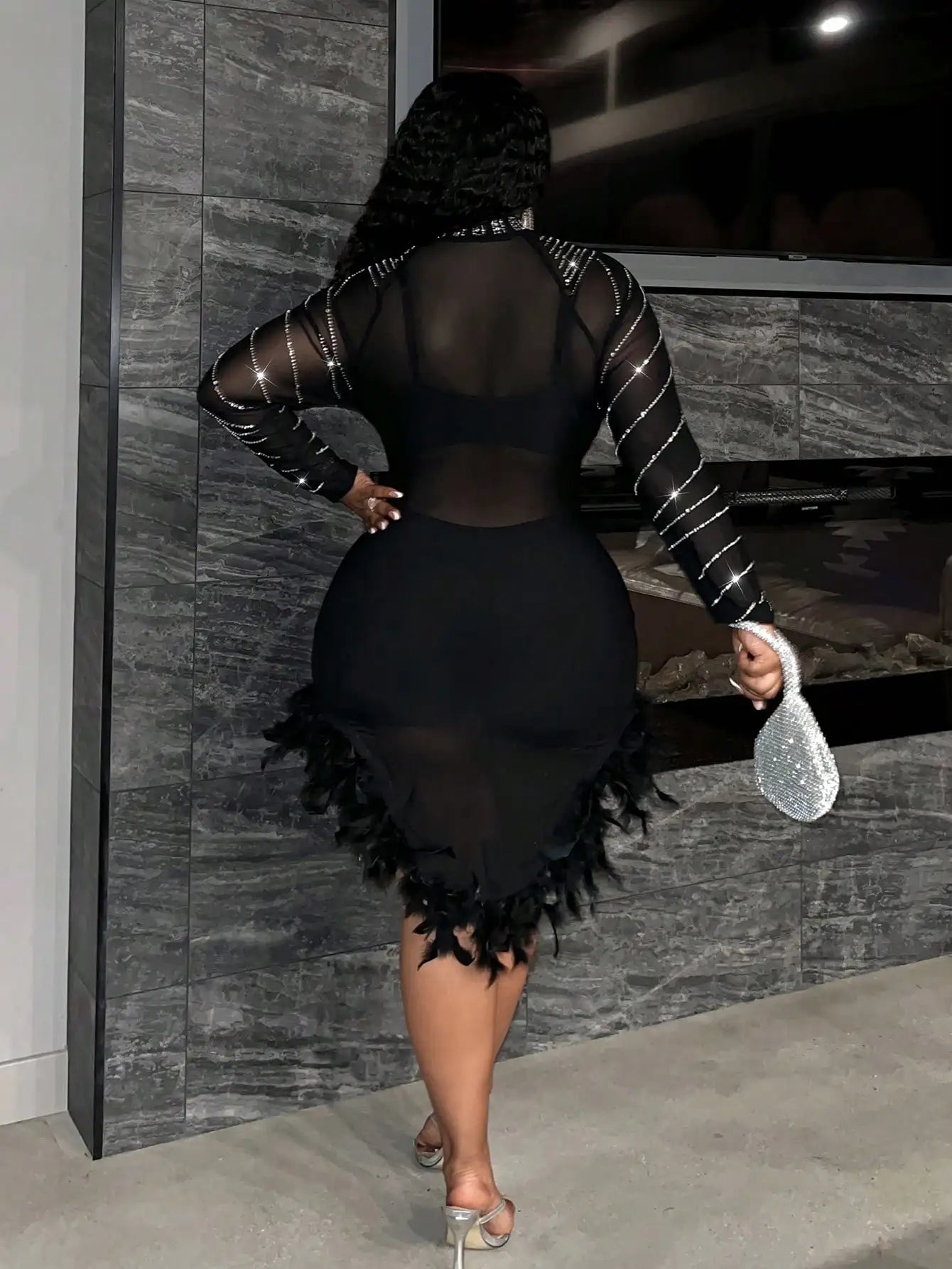 Plus Size Rhinestone Feather Mini Dress