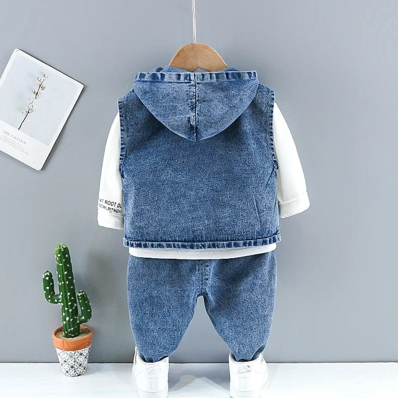 fashion ripped denim suit jacket hooded vest + bottoming shirt + pants 3-piece set