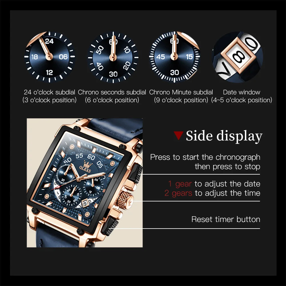 Chronograph Quartz Men's Watch Leather Strap 45MM