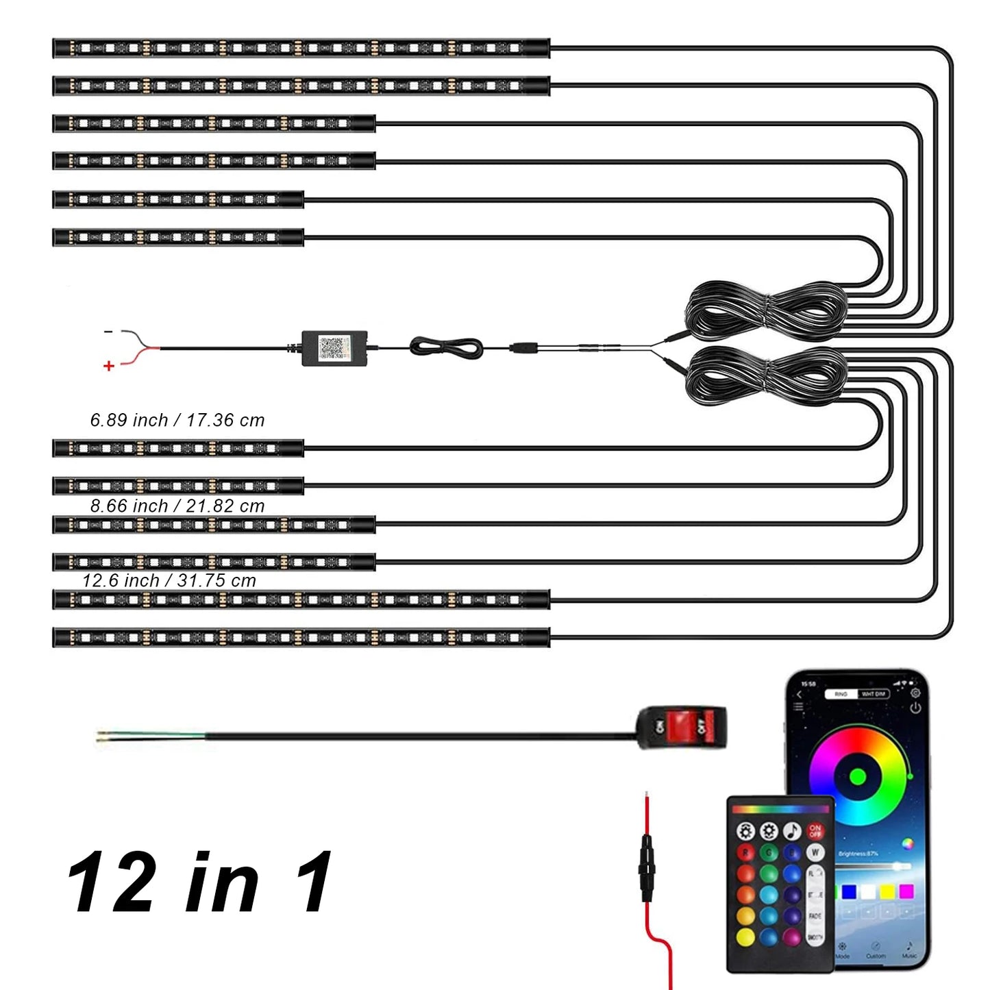 8/12pcs RGB Motorcycle LED Underglow Strip Light App Remote Multi-Color