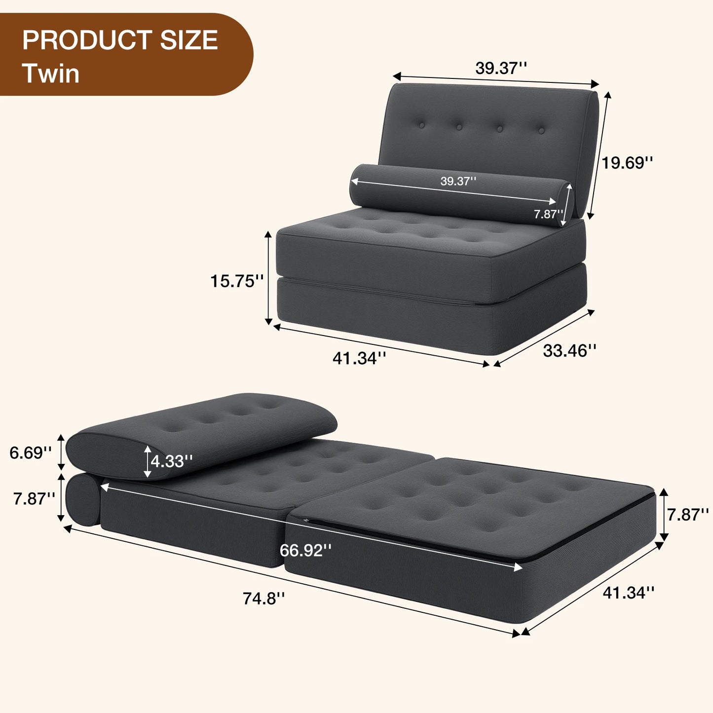3 in 1 Convertible Sofa Bed with 2 Pillows