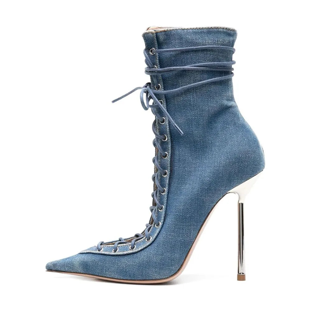 Denim Cross Tied Short Boots Pointed High Heel