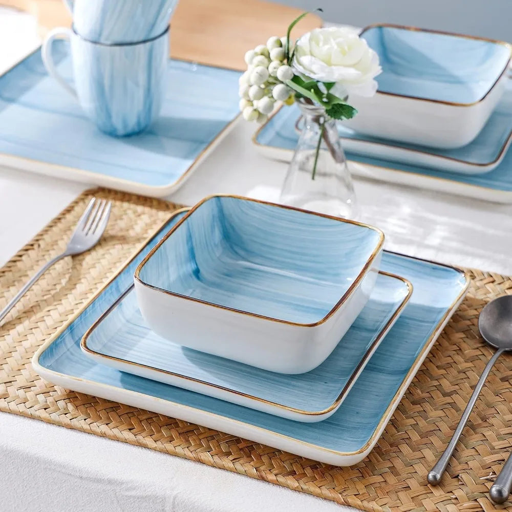 Kitchen Dishes 32 Pieces Square Light Blue Brushed Design