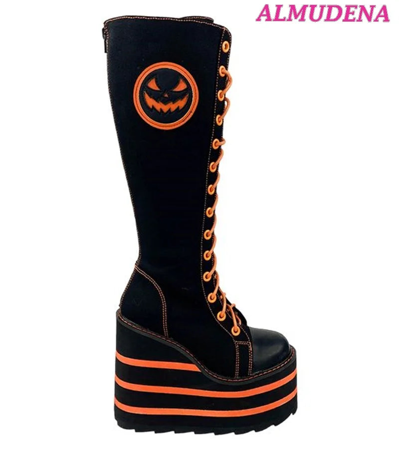 Canvas Platform Knee High Boots Colorful Cute Wedges