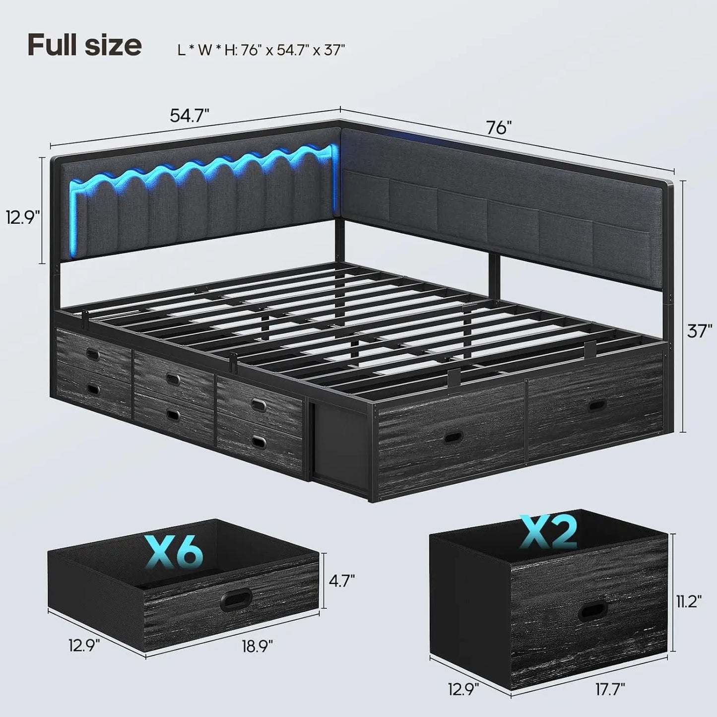 Full Corner Bed Frame with 8 Drawers, 6 Storage Pockets and RGB Wave Lights