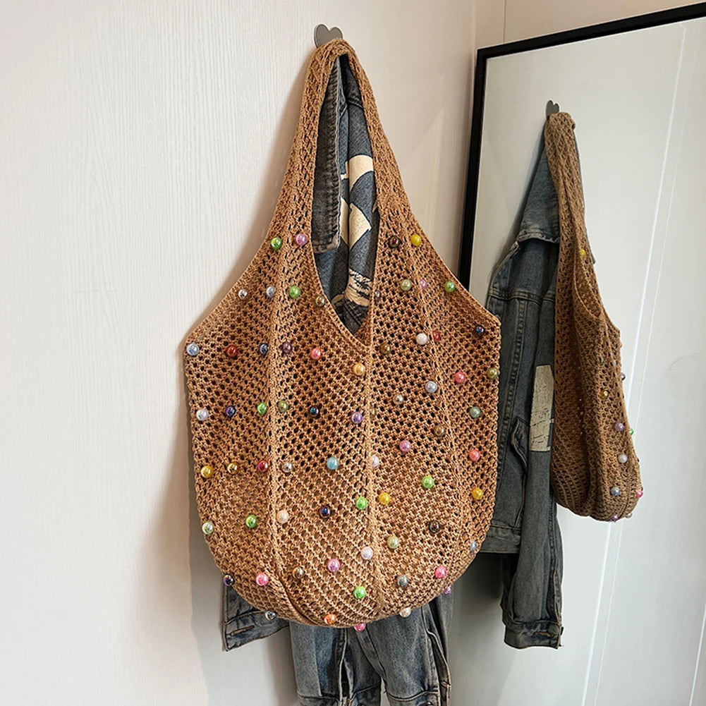 Boho Crochet Bag with Colored Beads Large Capacity