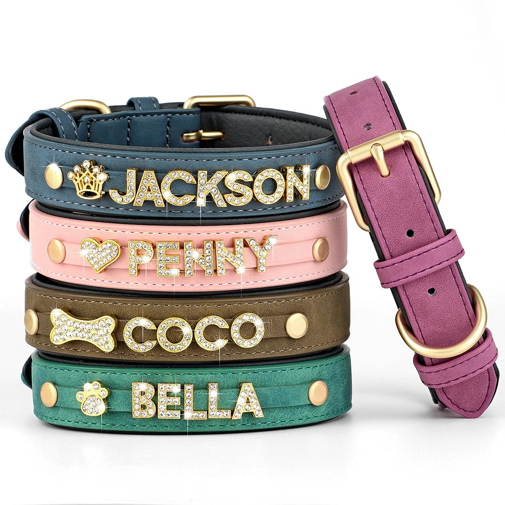 Custom Leather Personalized Name Collars Bling Rhinestone Pet Necklace