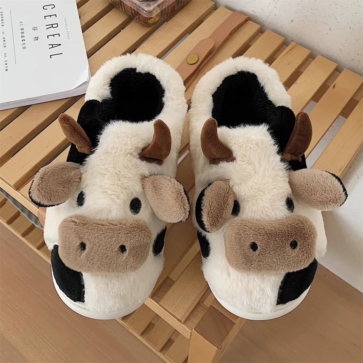 Warm Cow Furry Slippers Plush Lined