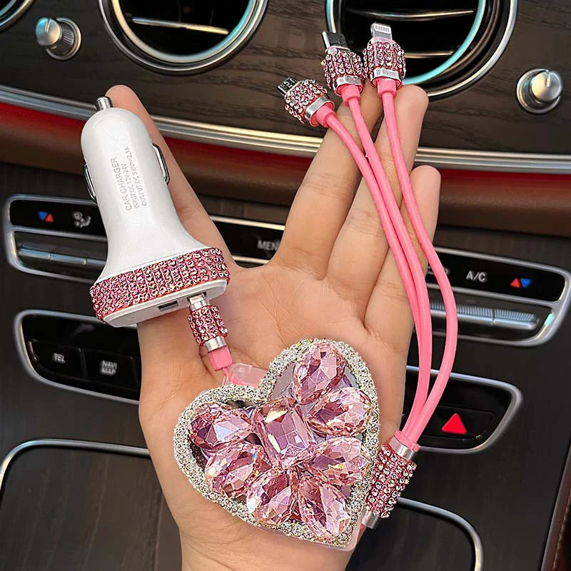 3 IN 1 Diamond Goddess USB Multi Cable Rhinestone Car Fast Charger