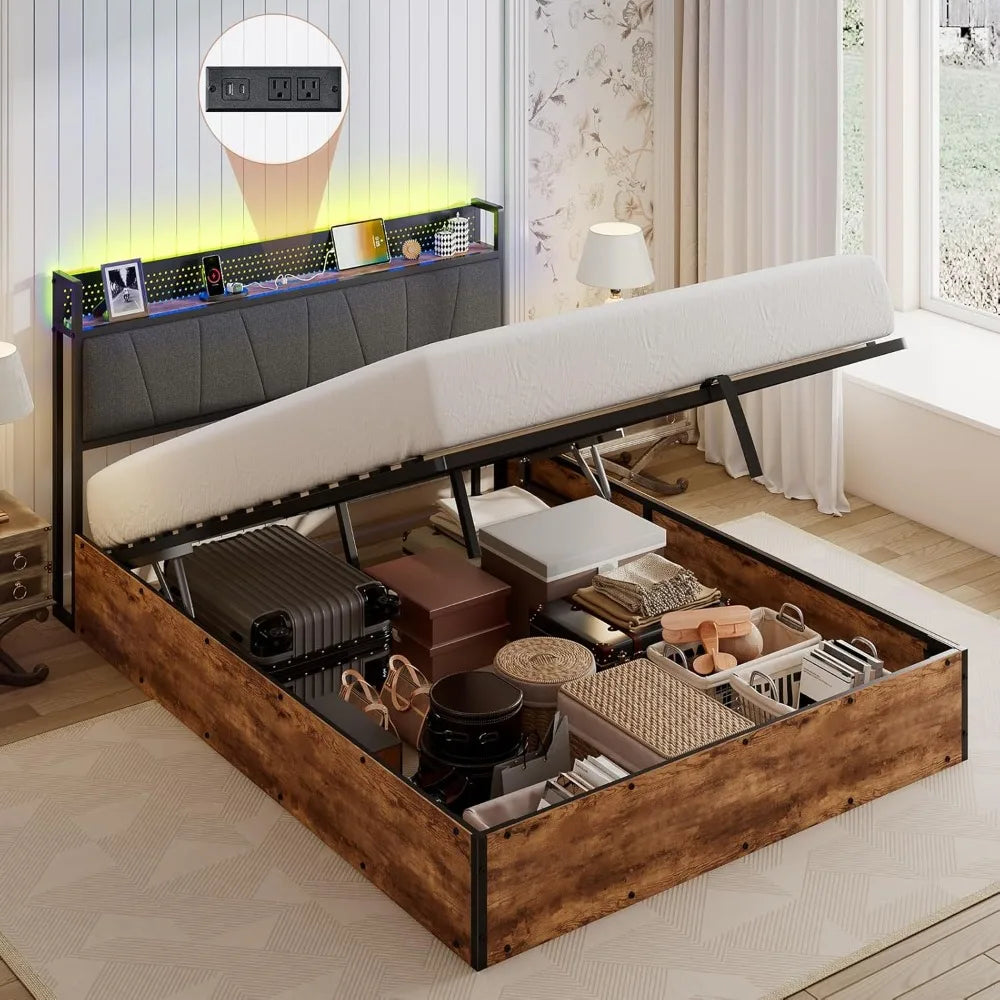 Queen Size Lift Up Storage Bed Frame RGBW LED Light