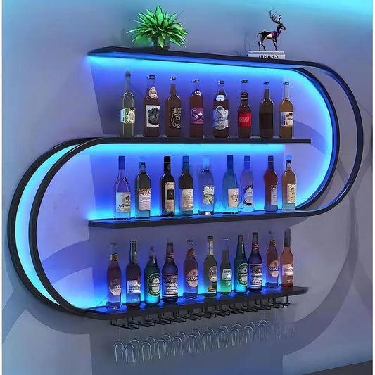Wall-Mounted 4-Tier Wine Rack with LED Lights