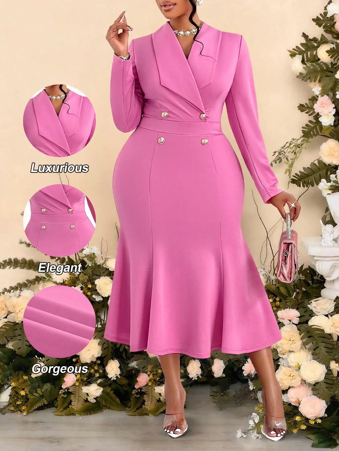 Pink Double-Breasted Wrap Collar Midi Dress