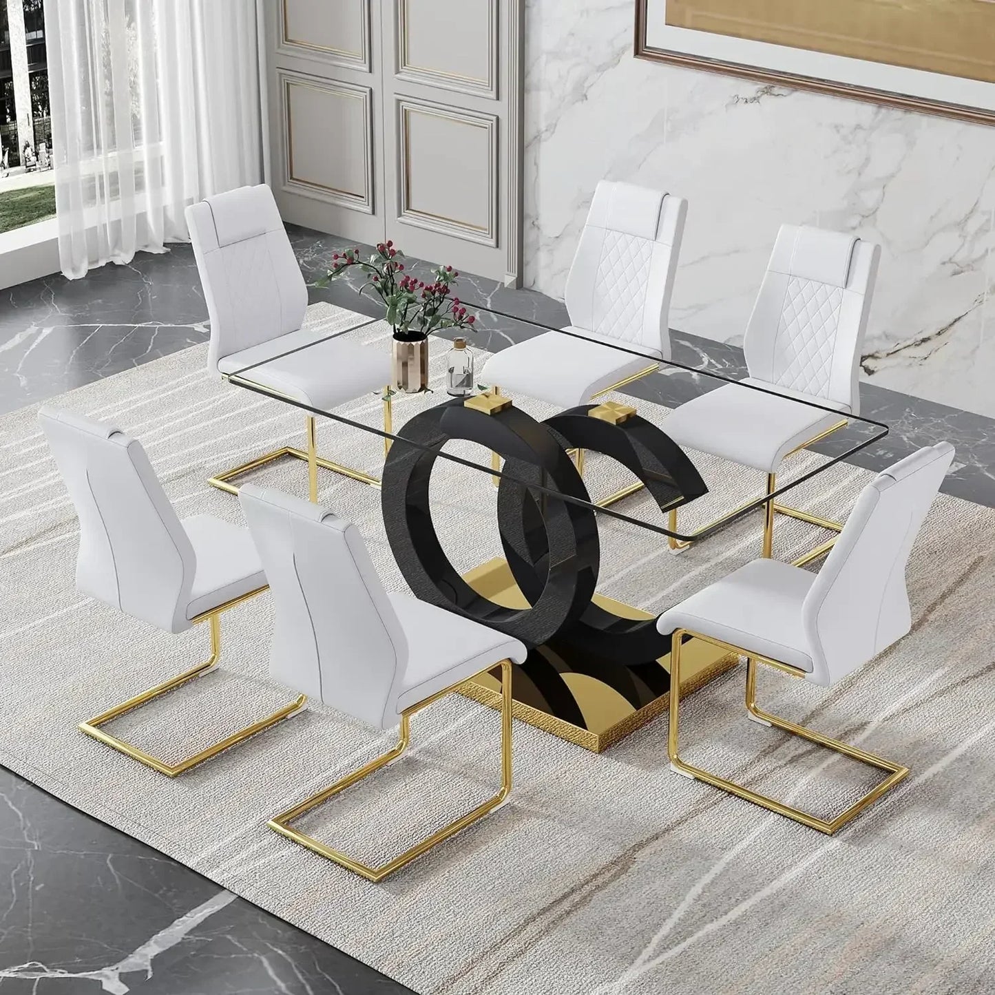 63”Glass Dining Table Set 0.39”Tempered Glass Rectangular Table with Chairs Set of 6