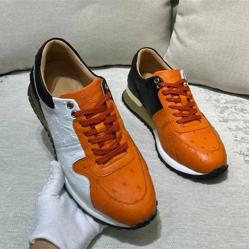 Authentic Real Ostrich Skin Mixed Orange Lace-up Sneakers