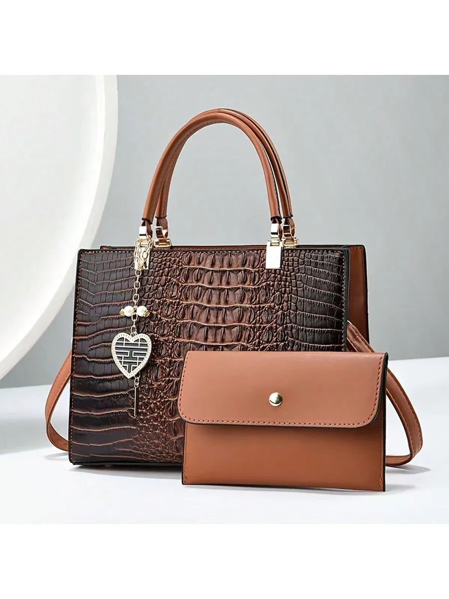 Croc-Embossed Top Handle Handbag with Detachable Wallet