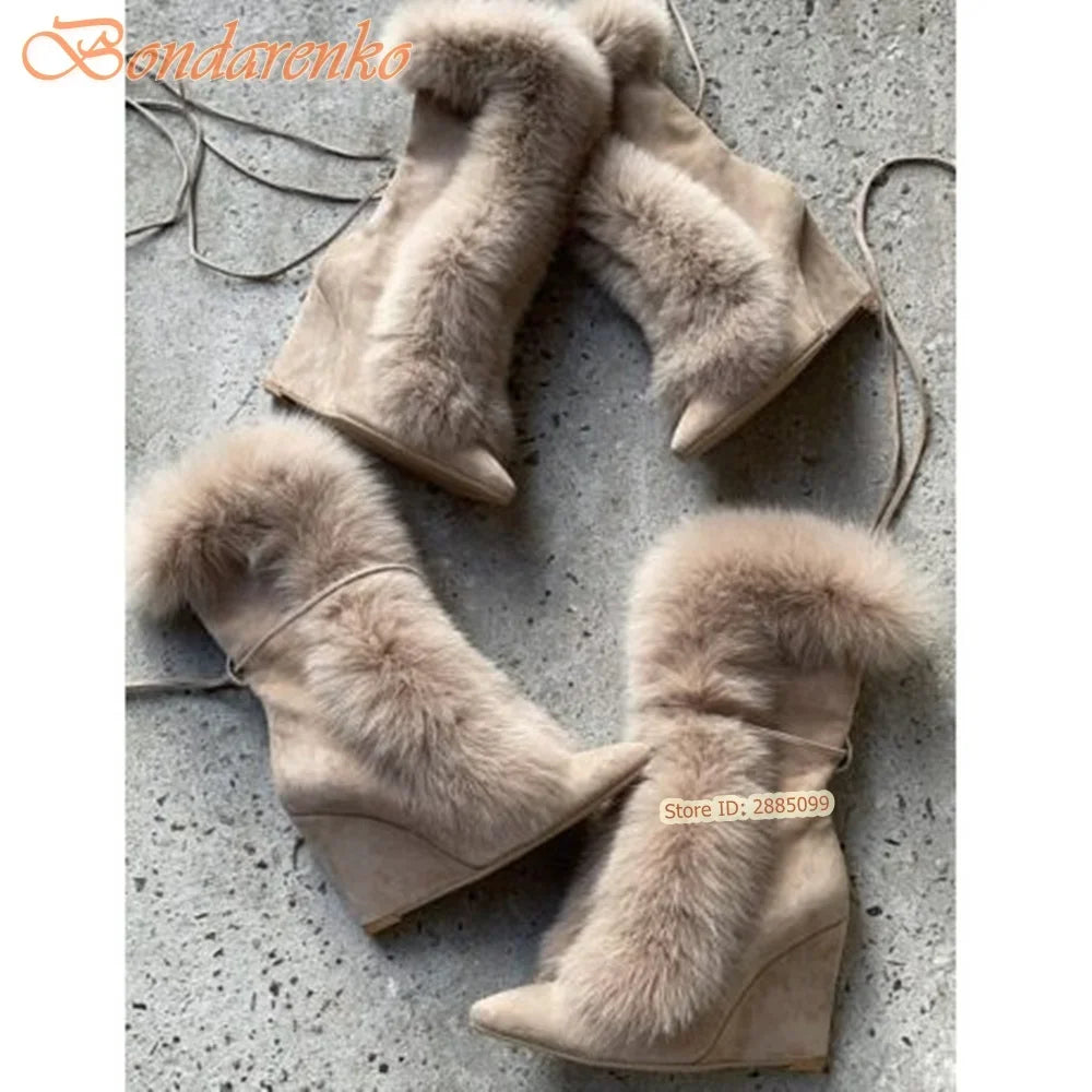 Fur Suede Wedge Boots Pointy Toe Solid Mid Calf