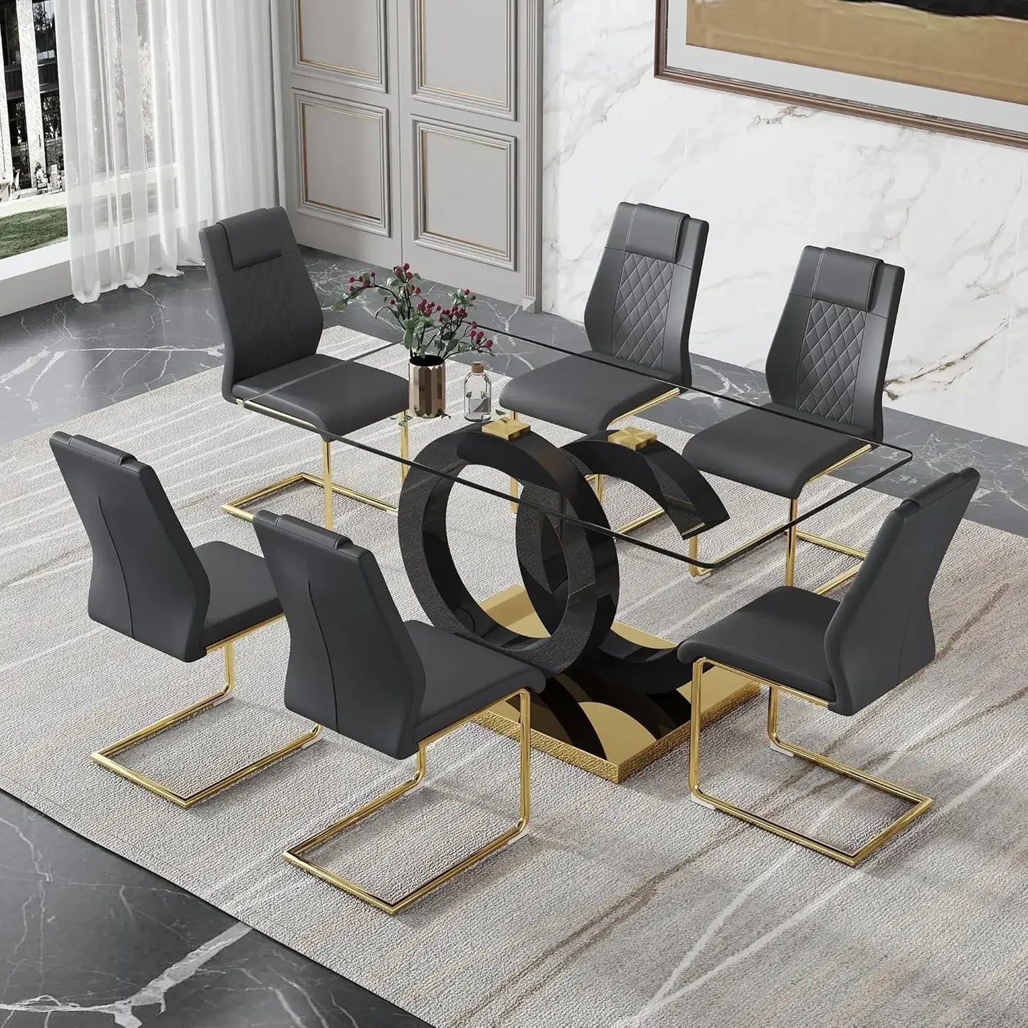 63”Glass Dining Table Set 0.39”Tempered Glass Rectangular Table with Chairs Set of 6