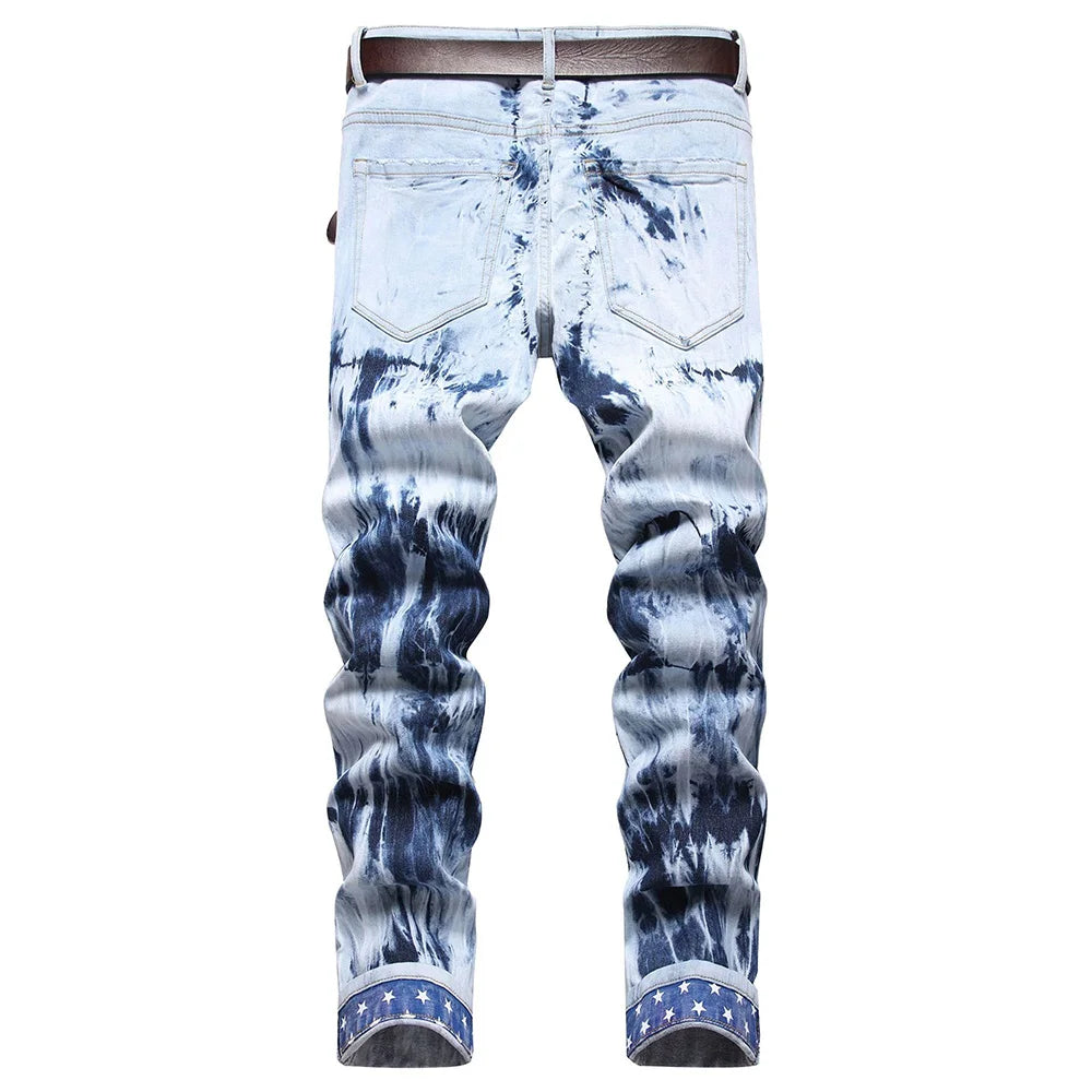 Men Pleated Stars Patch Tie and Dye Stretch Denim Pants