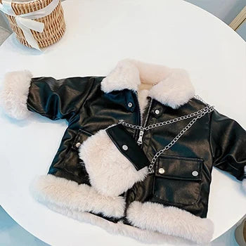 Girls PU Leather Jacket Thicken Faux Fur