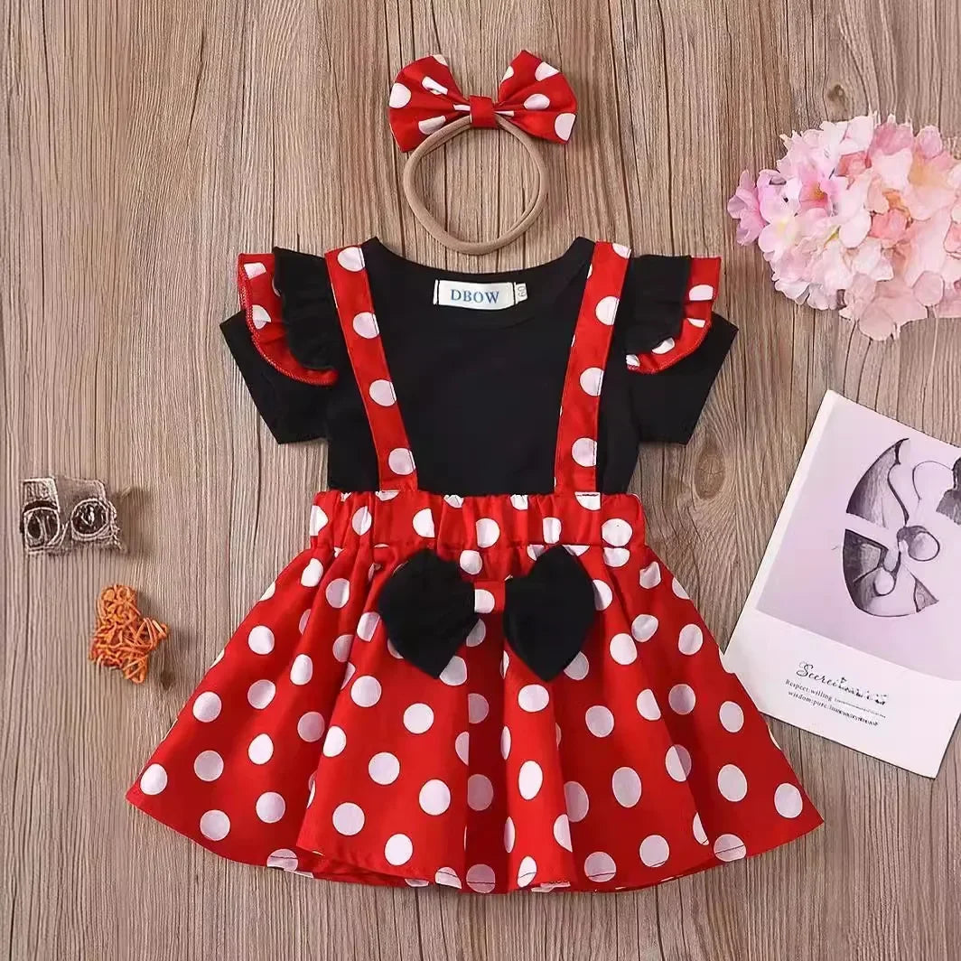 Minnie Mouse Polka Dot Sundress Bow Headband Skirt Set