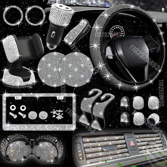 Set 27 Piece Women Bling Universal Fit Steering Cover Shiny License Frame Phone Holder Coasters Tools