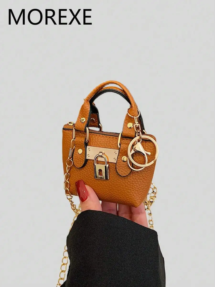 Mini Top-Handle Handbag with Gold Chain Strap and Lock Charm