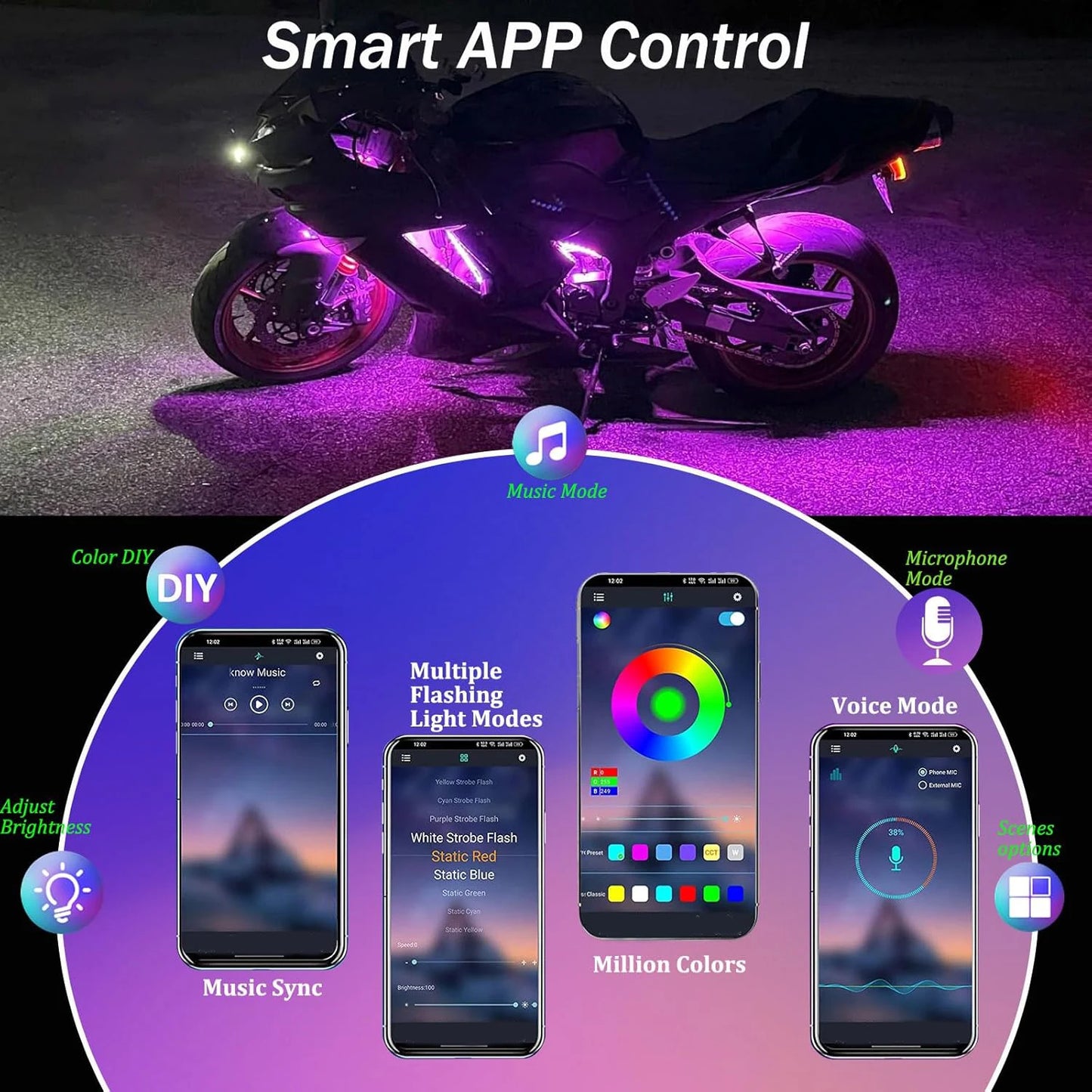 8/12pcs RGB Motorcycle LED Underglow Strip Light App Remote Multi-Color