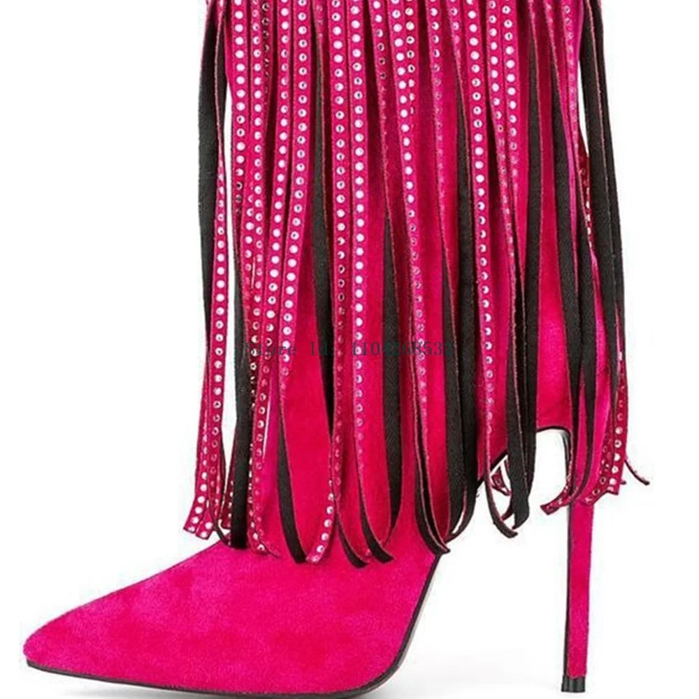 Crystal Rhinestone Tassel Ankle Boots Sexy Pointed Toe Stiletto