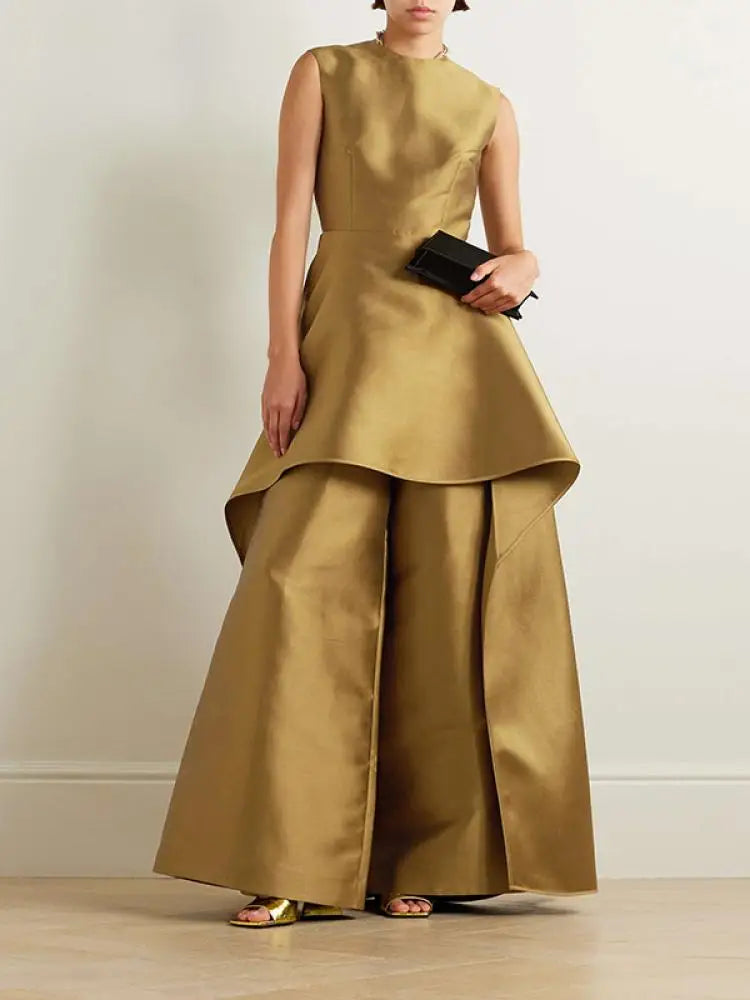 Falbala Layered Solid Color Evening Jumpsuits
