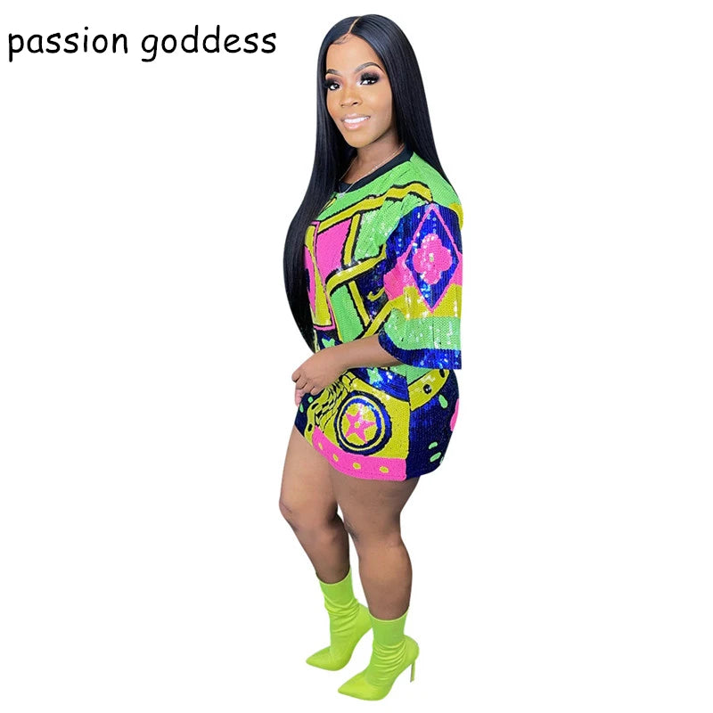 Casual Loose Letter Print Sequins Mini Dress