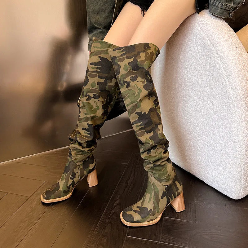 Over Knee High Quality Camo Boots Rounded Head