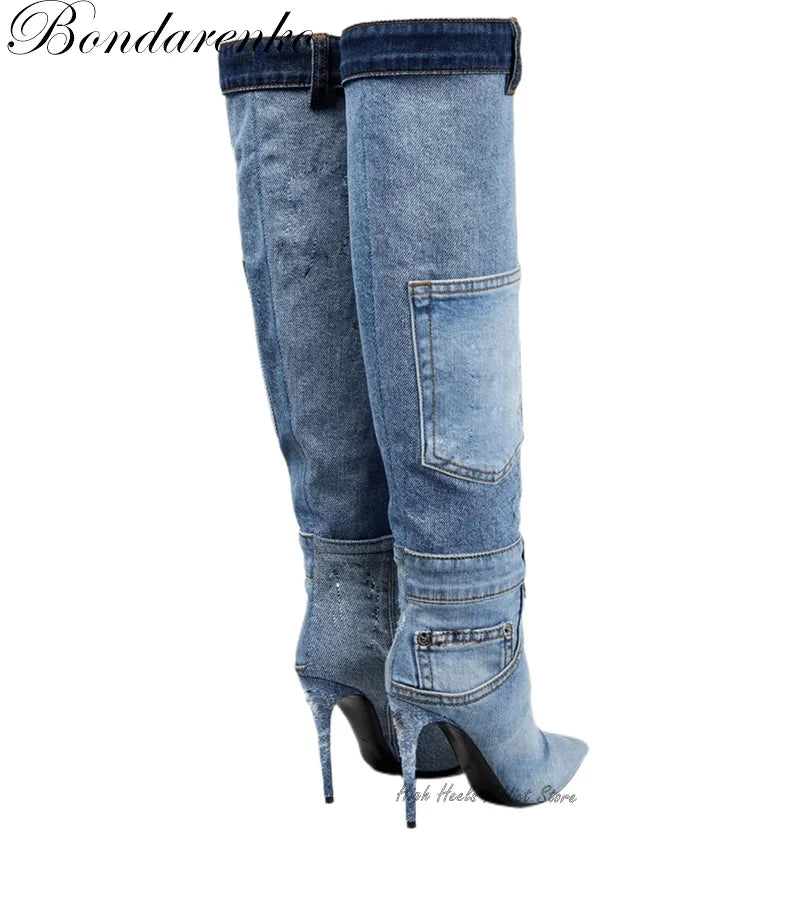 Denim Patchwork Knee Boots Blue Black Pointed Toe Stilettos