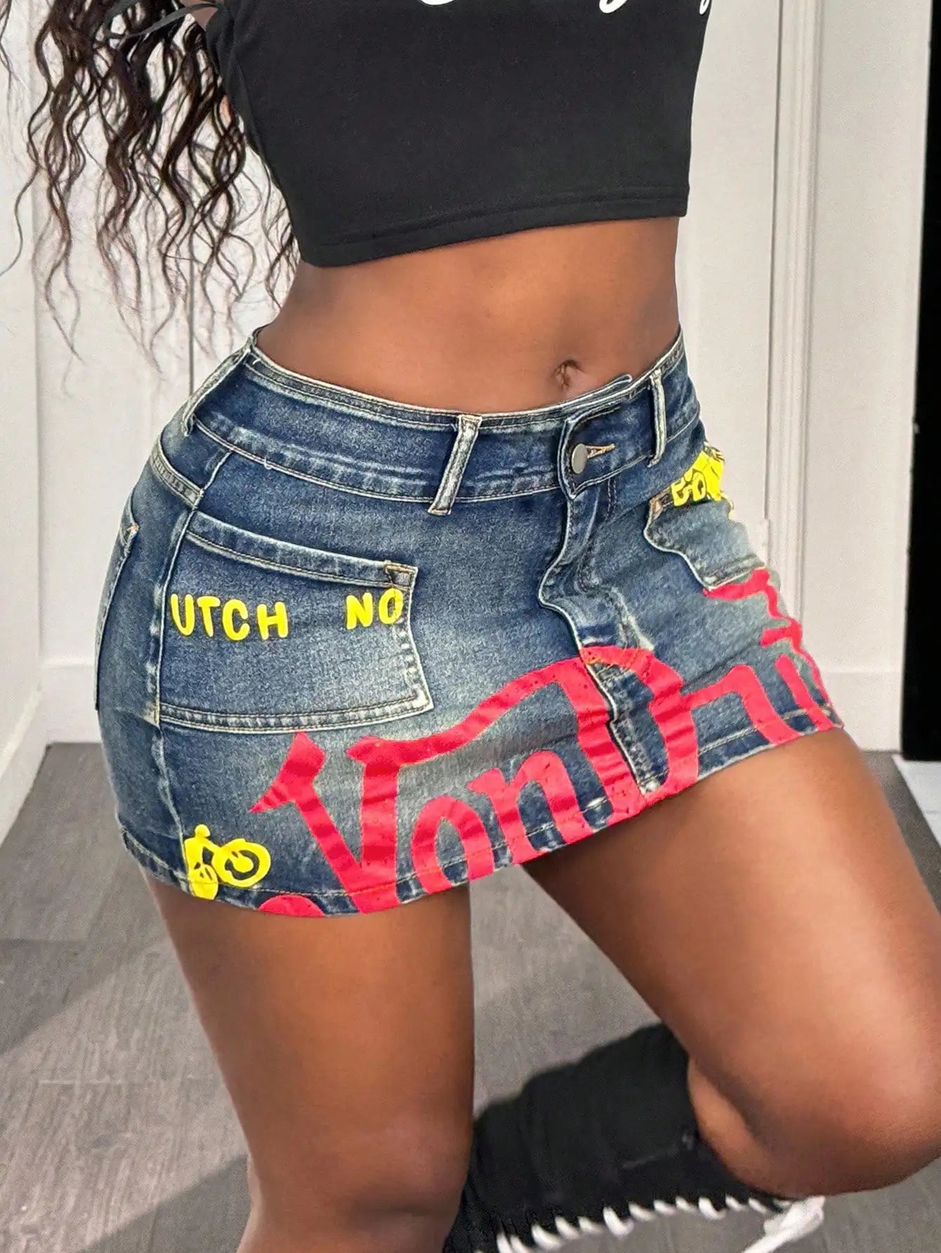 Letter Print Low Waist Denim Mini Skirt