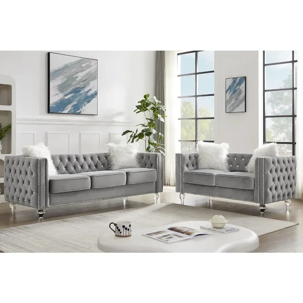 Modern Decor Furniture Tufted Sofa Set with Nailhead Acrylic Legs and 2 Pillows