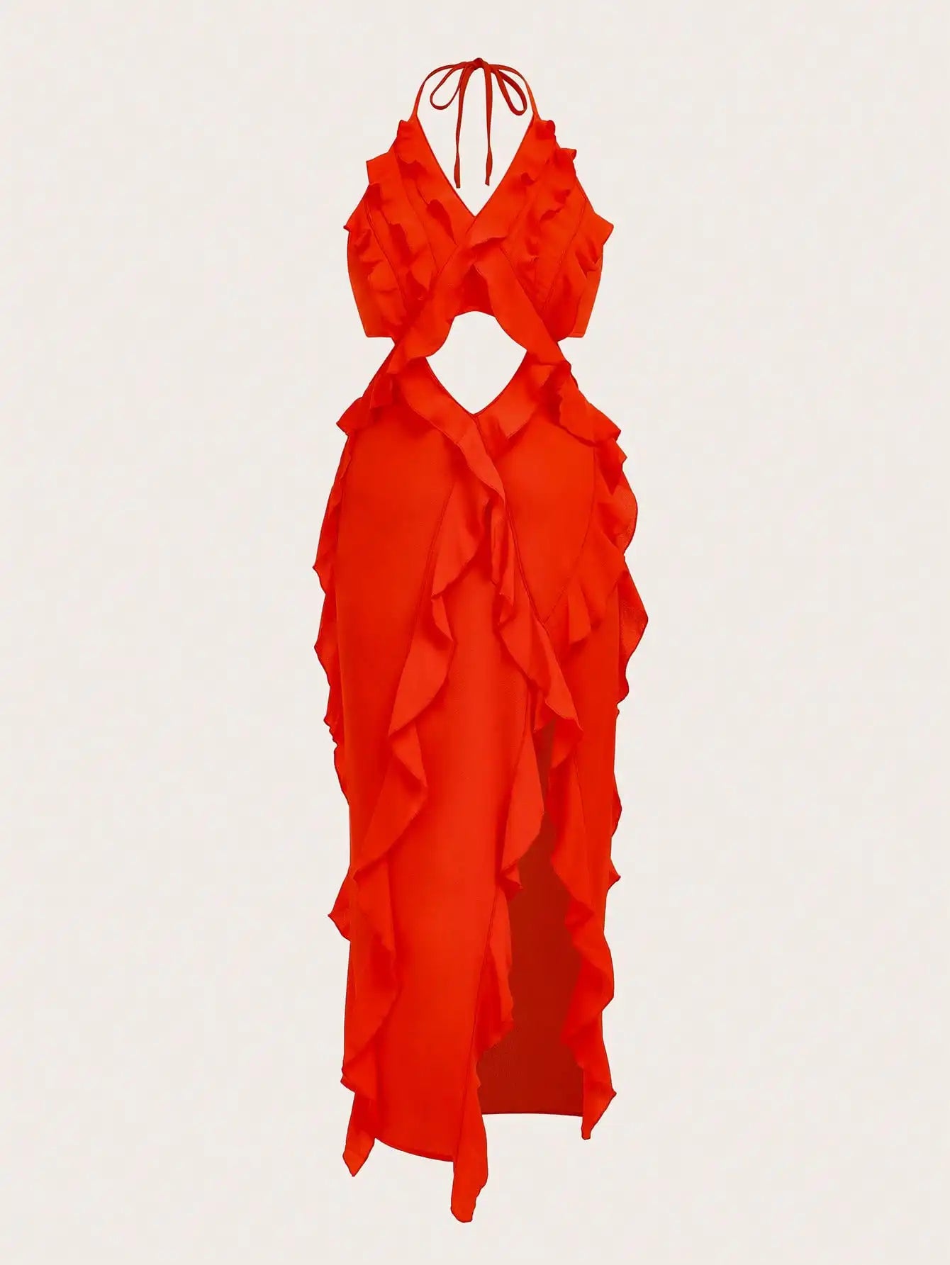 Halter Ruffle Maxi Dress with High Slit Plus Size