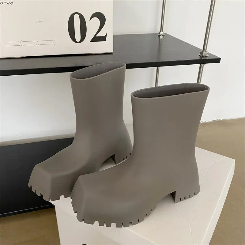 Waterproof Non-slip Short Boot Square Toe Soft Leather