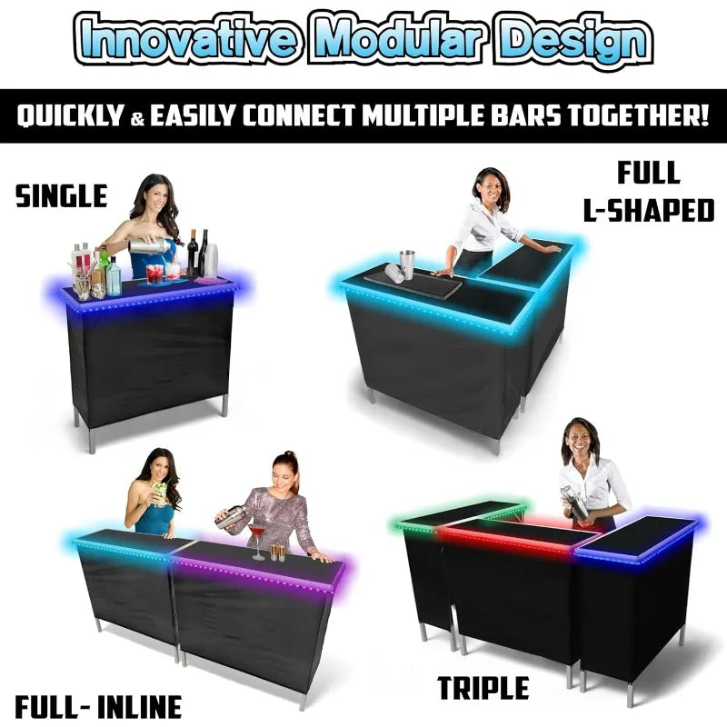 Folding Portable Bar w/LED Lights, Remote, 2 Bar Skirts, & Carrying Case
