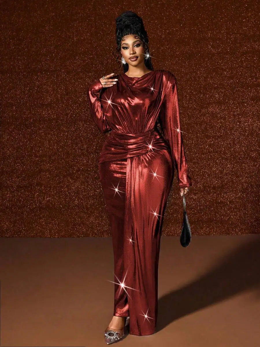 Plus Size Long Sleeve Shiny Metallic Wrap Dress