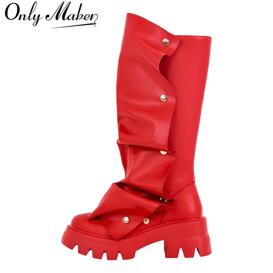 Plaftorm Red Fold Over Boots Block Heel Round Toe
