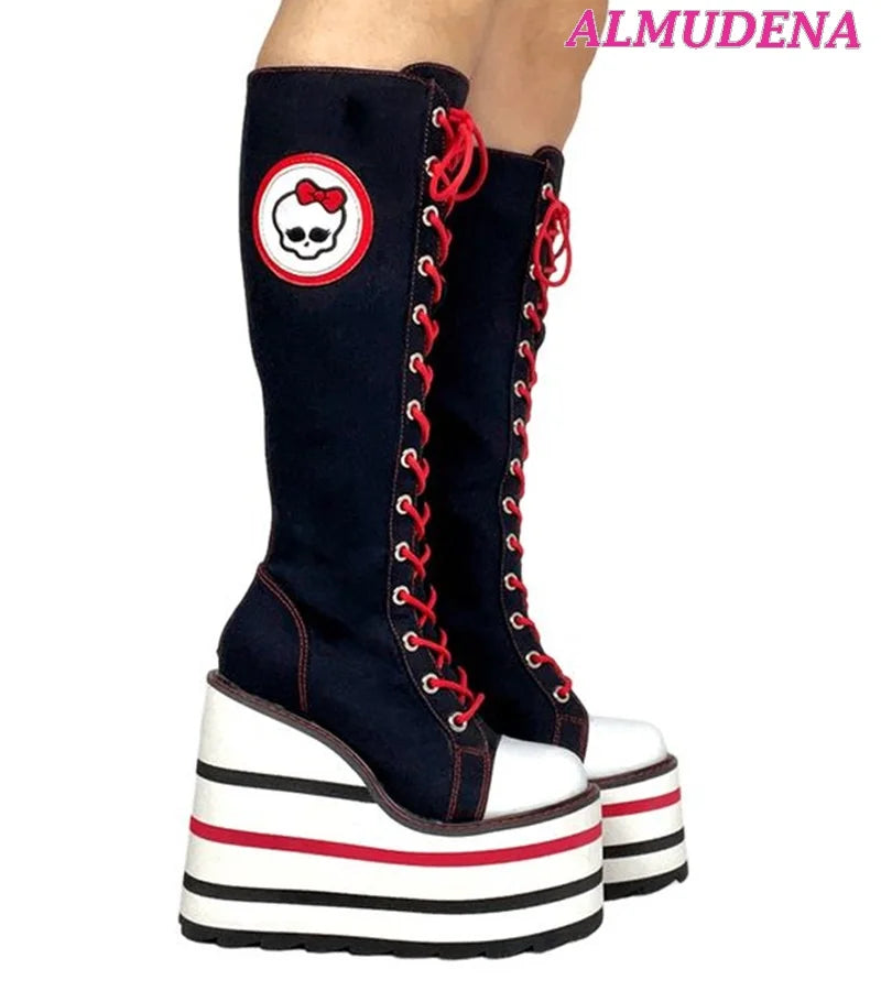 Canvas Platform Knee High Boots Colorful Cute Wedges