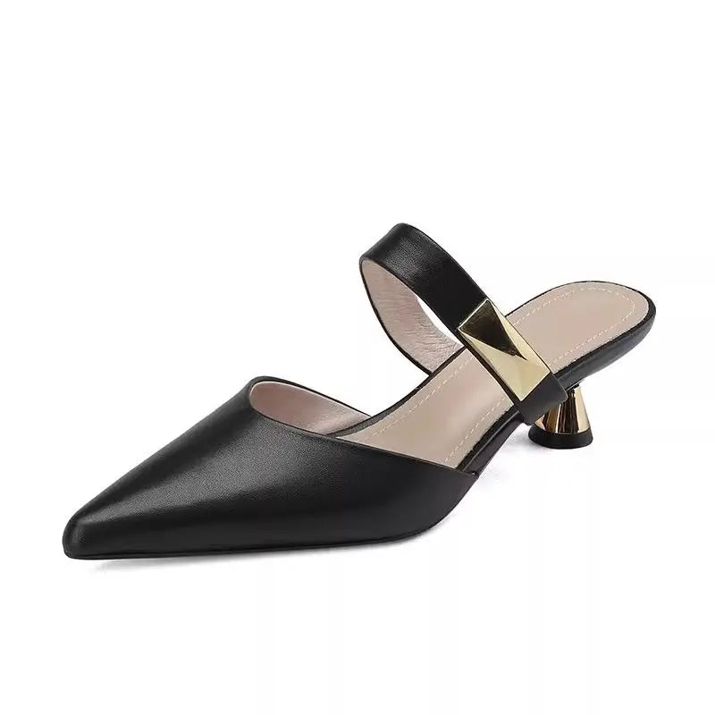 Leather Heeled Slides Sexy Pointed Toe High Quality
