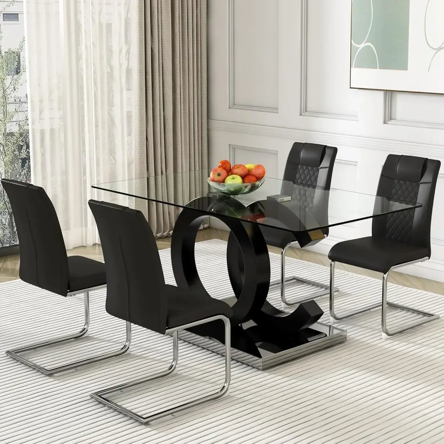 63”Glass Dining Table Set 0.39”Tempered Glass Rectangular Table with Chairs Set of 6