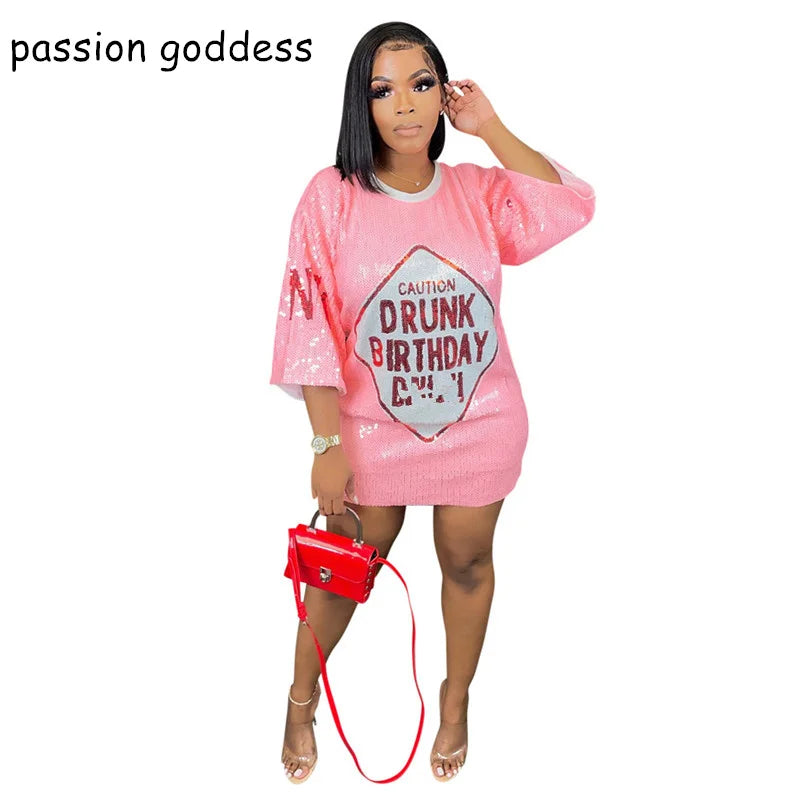 Casual Loose Letter Print Sequins Mini Dress