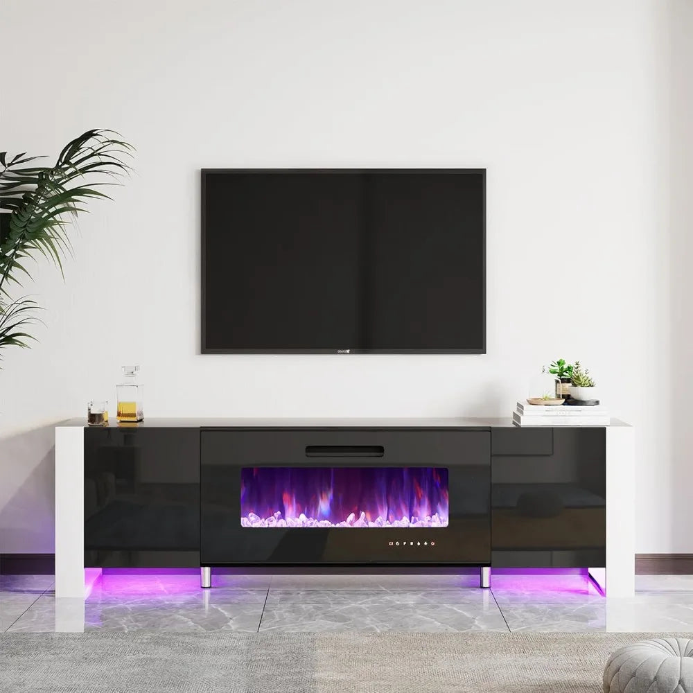 Modern High Gloss Entertainment Center LED Lights Cabinet for TVs Up to 80"