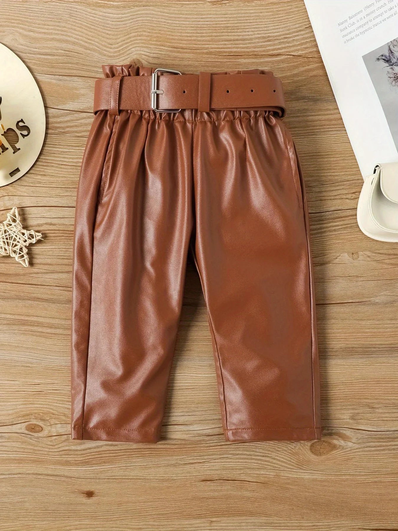 Casual Outfit Set Long Sleeve Ruffled Blouse + Brown Belted Pants + White Ankle Boots