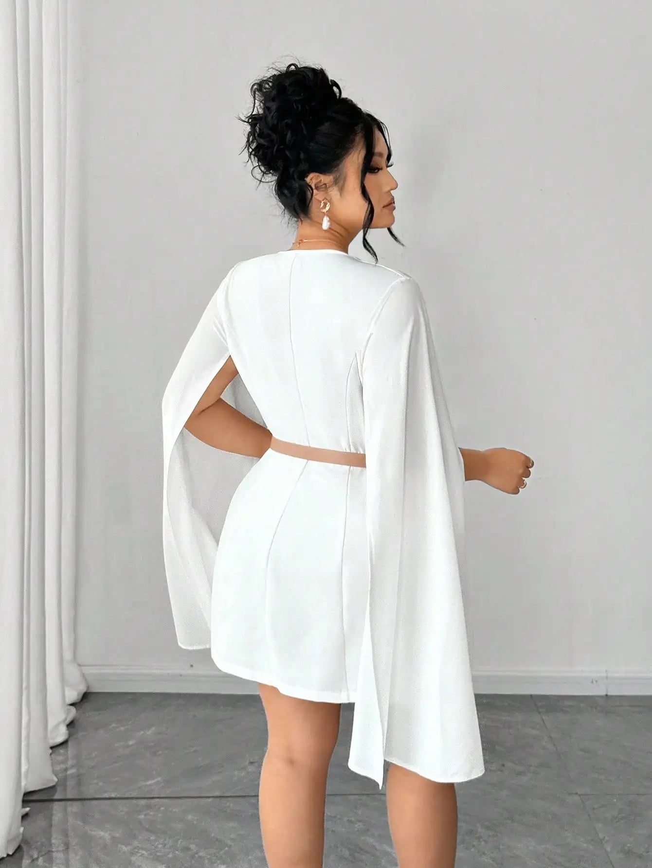 White Plus Size Cape Mini Dress with Belt